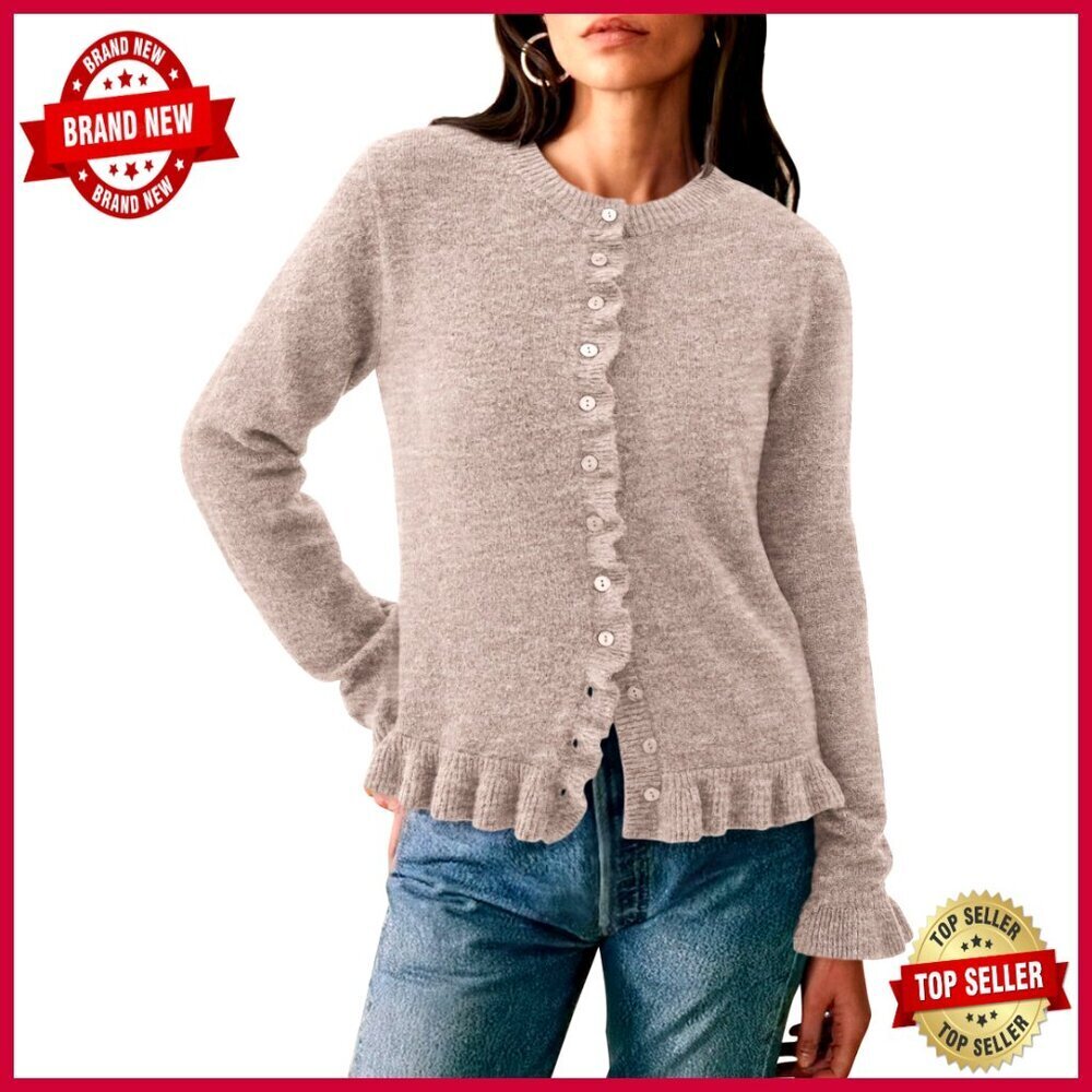 Chunky Knit Cropped Cardigan, Button Down Open Front, Crew Neck